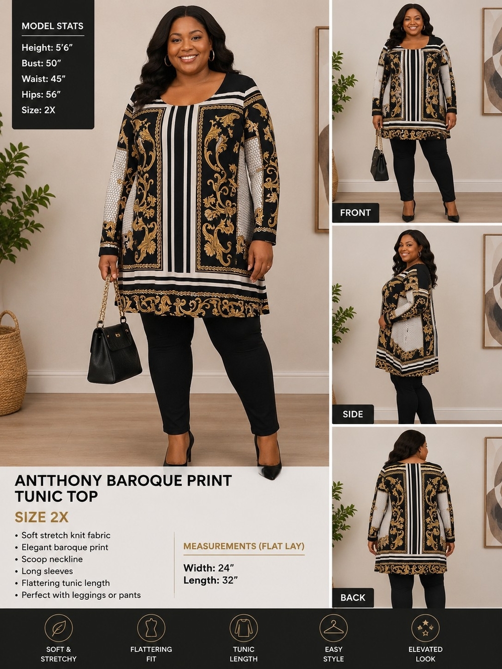 ANTTHONY Original 2X Baroque Print Tunic Top